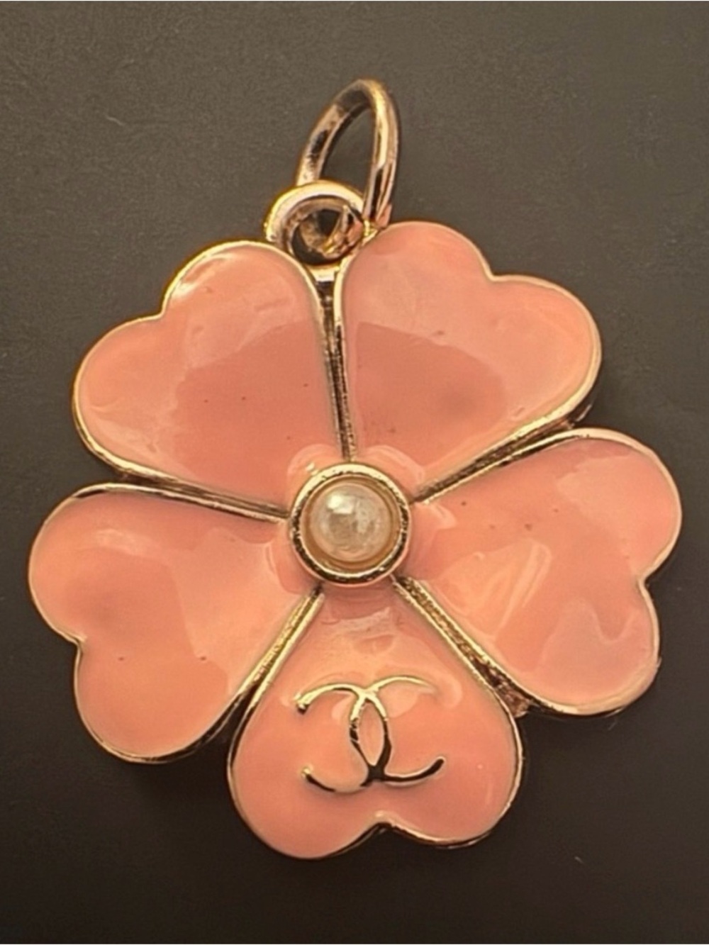 CHANEL Pink Camellia Flower Charm Pendant CC Logo Gold Tone Enamel Pearl Accent